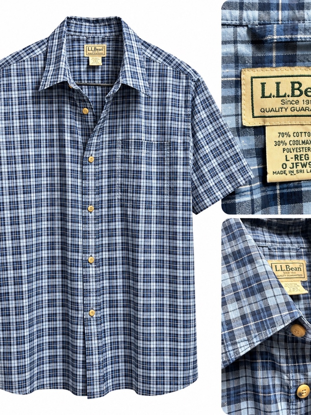 L.L. Bean Blue and White Short-Sleeve Plaid Button-Down Shirt